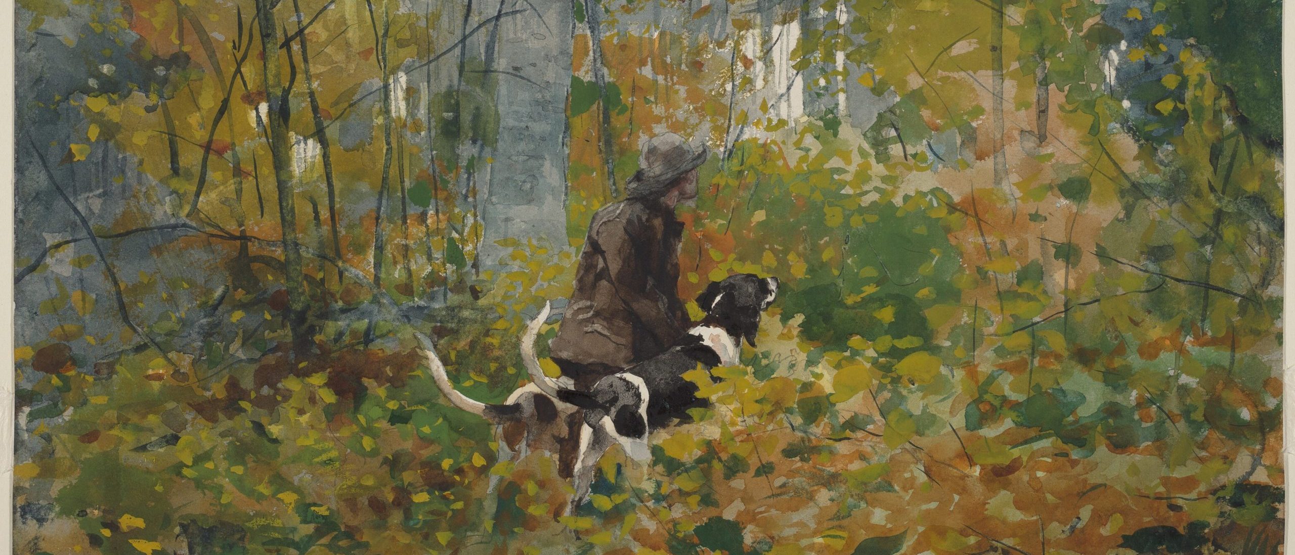 On the Trail (1892), a watercolor and graphite painting by Winslow Homer, depicting a wooded forest scene with a figure and two dogs moving along a narrow, leaf-covered trail through tall trees.”