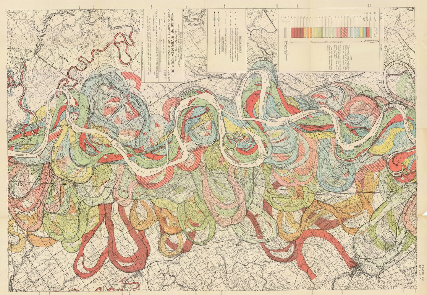Geological Investigation of the Alluvial Valley of the Lower Mississippi River (1944) by Harold 
Fisk is a map of the shifting banks of the Mississippi River from southern Illinois to southern Louisiana. 