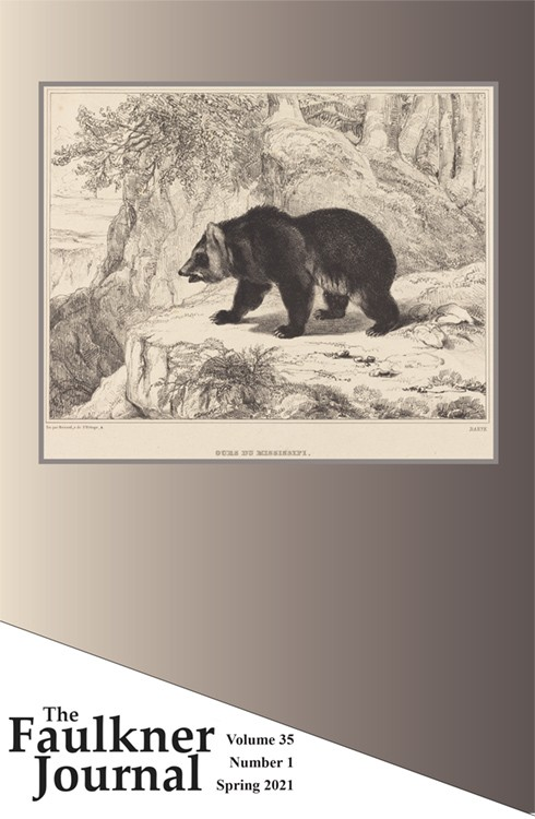 Cover of the Spring 2021 issue of The Faulkner Journal. The cover features a brown-scale image of a bear standing above a cliff in a mountain environment.
